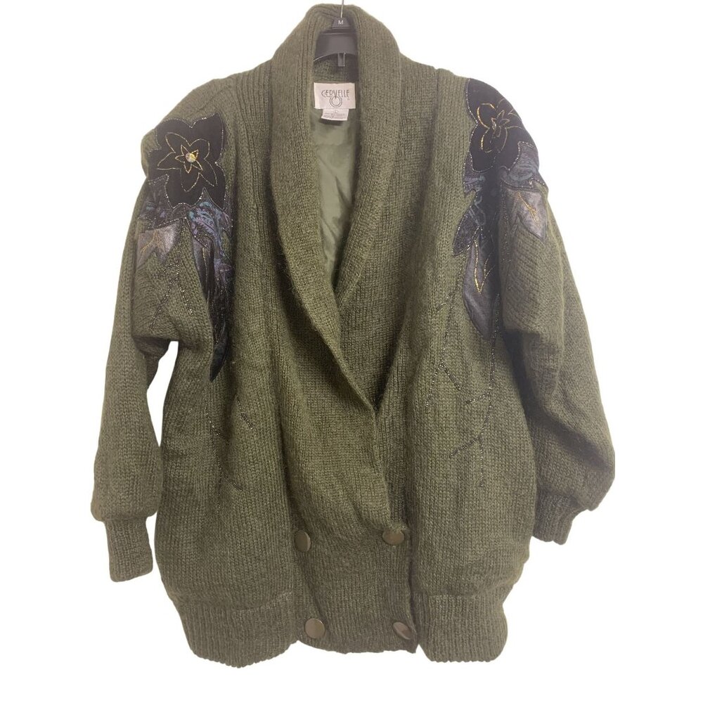 Cervelle L Mohair Floral Embroidered Knit Cardigan Jacket Double Breasted Winter